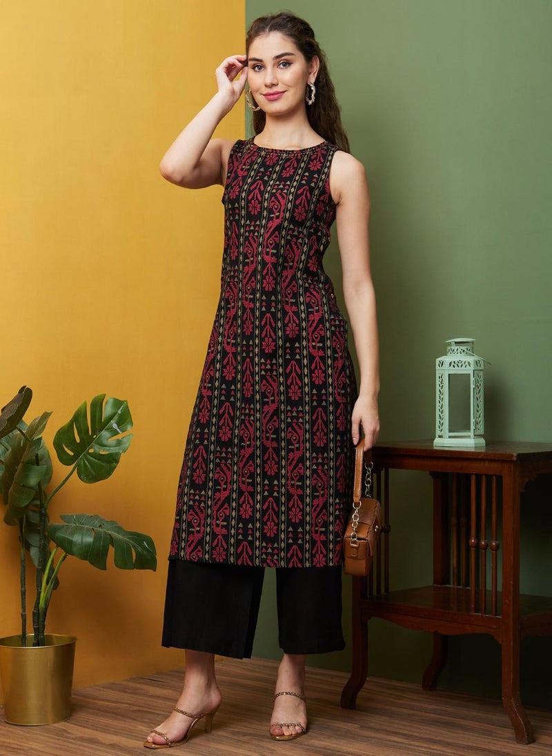 Globus Women Ethnic Motifs Kantha Work Kurta & Trouser Set - Image 1